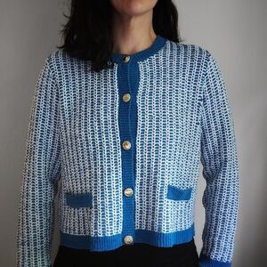 Blue White Cardigan Gold Buttons, Chanel Inspired Jacket